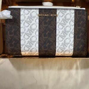 Michael Kors Brown & White Striped Zip Pouch